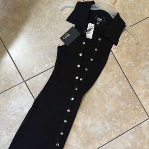 Black Ribbed Button-Down Dress